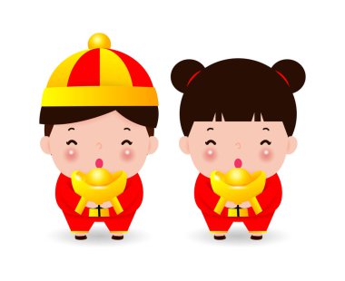 Çin altını tutan mutlu Çinli çocuklar, yeni yılınız kutlu olsun, Çinli kostümlü kız ve erkek çocuk, beyaz arka planda izole edilmiş çizgi film çizimleri.