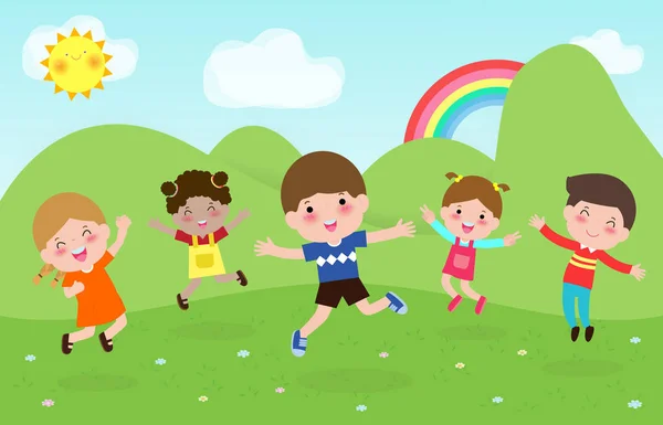 Crianças Felizes Pulando Dançando Parque Atividades Infantis Crianças Brincando Playground —  Vetores de Stock