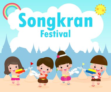 Songkran Festivali, Tayland seyahat konsepti, Songkran festivalinde çocuklar su sıçratmayı seviyor, Tayland Geleneksel Yeni Yıl Vektör İlülasyonu şablonu