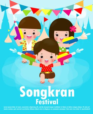 Songkran festivali çocukları su tabancası tutarken Songkran festivali, Tayland Geleneksel Yeni Yıl Vektör Resimleri Tayland seyahat konseptinde su sıçratmanın keyfini çıkarıyorlar.
