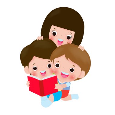 Kitap okuyan sevimli çocuklar, Dünya Kitap Günü, eğitim konsepti, Kitap okurken mutlu çocuklar, beyaz arka planda okula Vektör İllüzyonu. 