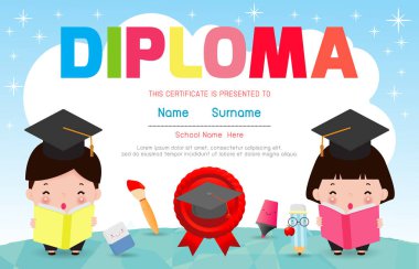 Sertifika çocuk diploması, anaokulu şablonu düzeni alan arka plan çerçeve tasarım vektörü. Okul Öncesi Çocuk Diploması, Çocuk Belgesi diploması, eğitim okul öncesi kavramı. Vektör İllüstrasyonu