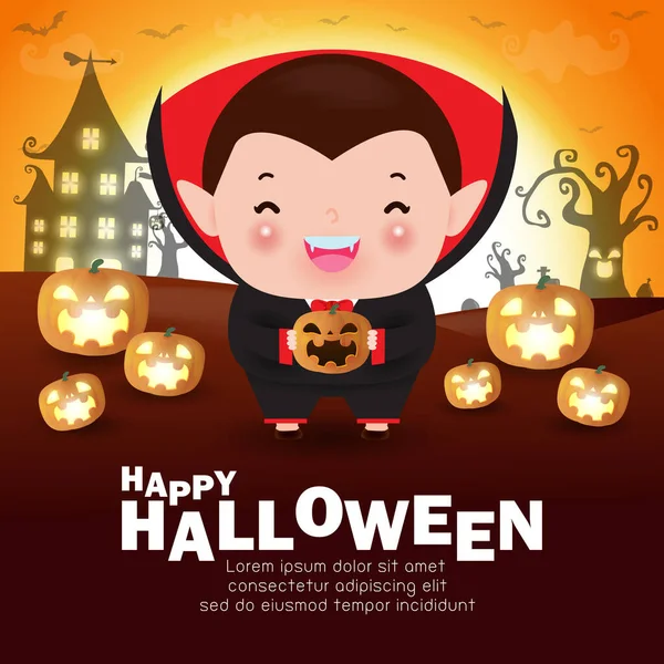 Felice Poster Halloween Carino Piccolo Vampiro Dracula Che Tiene Zucca — Vettoriale Stock