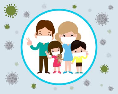 Covid-19 ya da Coronavirus 2019-ncov hastalığı önleme konsepti karikatür ailesi koruyucu maske takıyor Wuhan virüsünü önlemek için, düz tasarım vektör çizimi 