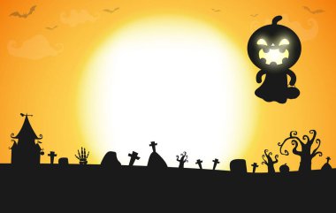 Cadılar Bayramı partisinin afişi, ayın altında balkabağı silueti, cadılar bayramı bayramı afişi, Cadılar Bayramı şakası ya da tedavi geçmişi, reklam broşürü Vektör İllüstrasyonunun şablonu.