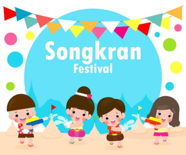 Mutlu Songkran Festivali, Songkran Festivali 'nde çocuklar su sıçratmayı seviyor, Tayland Geleneksel Yeni Yıl Vektör Resimleri Tayland seyahat konsepti