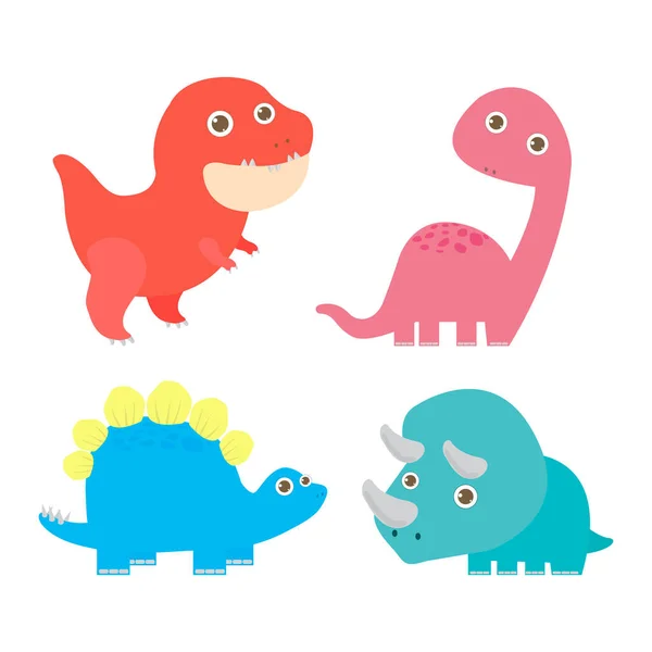 Set Cute Cartoon Dinosaurs Funny Isolated Characters White Background Vector — Stock Vector