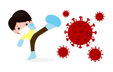 Tatlı çocuklar Coronavirus (2019-nCoV), çizgi film karakterli çocuklar COVID-19, Virüs ve Bakterilere karşı insanlar ve Koruma, beyaz arka planda izole edilmiş sağlıklı yaşam tarzı kavramına saldırıyorlar.