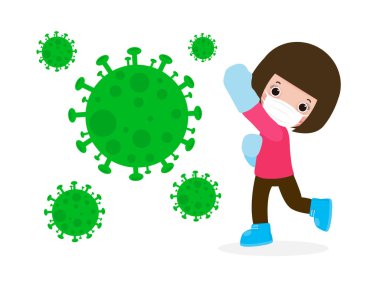 Tatlı çocuklar Coronavirus (2019-nCoV), çizgi film karakterli çocuklar COVID-19, Virüs ve Bakterilere karşı insanlar ve Koruma, beyaz arka planda izole edilmiş sağlıklı yaşam tarzı kavramına saldırıyorlar.