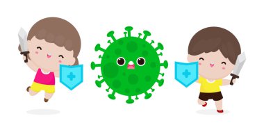 Tatlı çocuklar Coronavirus (2019-nCoV), çizgi film karakterli çocuklar COVID-19, Virüs ve Bakterilere karşı insanlar ve Koruma, beyaz arka planda izole edilmiş sağlıklı yaşam tarzı kavramına saldırıyorlar.