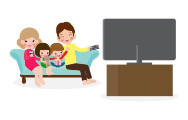 Aile birlikte bir TV programı izliyor, Mutlu aile televizyon seyrediyor, beyaz arka planda izole edilmiş vektör ilüstrasyonunda evde oturuyor..