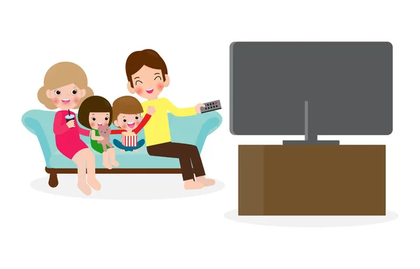 家族は一緒にテレビ番組を見て 幸せな家族は白い背景に白い背景にソファの上に座ってテレビを見てイラスト — ストックベクタ