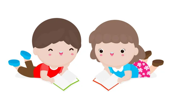 Enfants Mignons Lisant Livre Garçon Fille Avec Des Livres Enfants — Image vectorielle