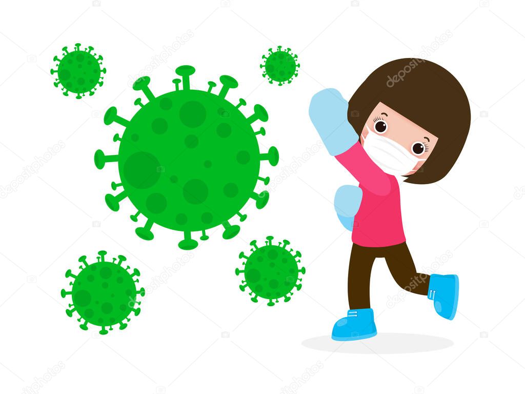Cute kids fight with coronavirus (2019-nCoV), cartoon character children attack COVID-19 ,people and Protection Against Viruses and Bacteria, Healthy lifestyle concept isolated on white background