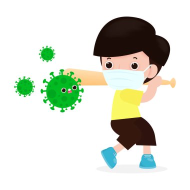 Coronavirus hastalığının önlenmesi. Koronavirüsle erkek dövüşü (2019-nCoV), beyzbol sopası ve covid-19, antivirüs ve bakteri taşıyan karakterler, sağlıklı yaşam tarzı kavramı izole edilmiş