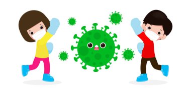İnsanlar Coronavirus (2019-nCoV), çizgi film karakteri erkek ve kadın COVID-19, çocuklar ve bakterilere karşı koruma, beyaz arka planda izole edilmiş sağlıklı yaşam tarzı kavramı