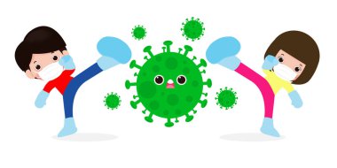 İnsanlar Coronavirus (2019-nCoV), çizgi film karakteri erkek ve kadın COVID-19, çocuklar ve bakterilere karşı koruma, beyaz arka planda izole edilmiş sağlıklı yaşam tarzı kavramı