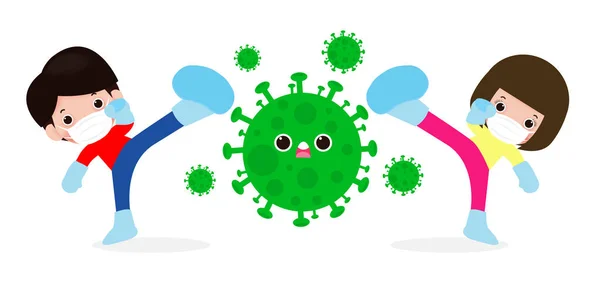İnsanlar Coronavirus (2019-nCoV), çizgi film karakteri erkek ve kadın COVID-19, çocuklar ve bakterilere karşı koruma, beyaz arka planda izole edilmiş sağlıklı yaşam tarzı kavramı