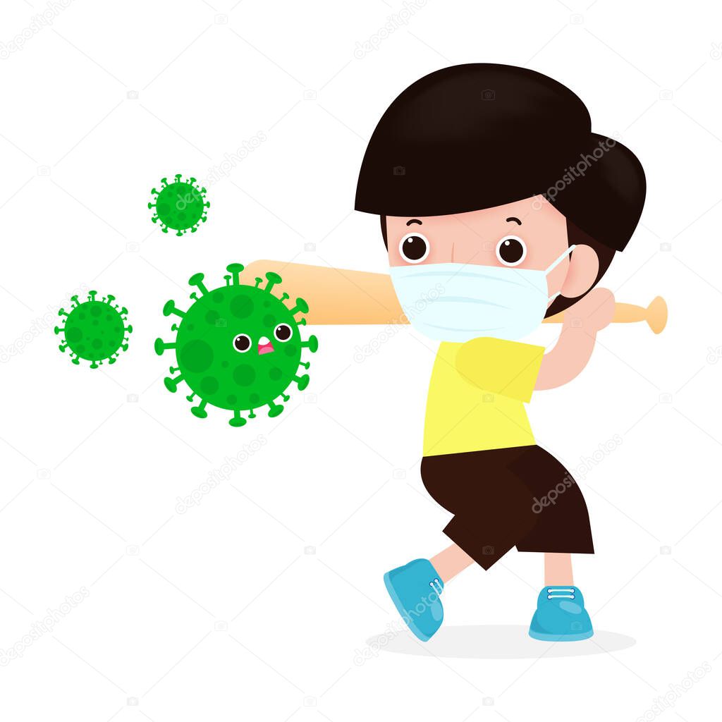 Prevention of Coronavirus disease. man fight with coronavirus (2019-nCoV), character people holding baseball bat and covid-19, Antivirus and Bacteria, Healthy lifestyle concept isolated