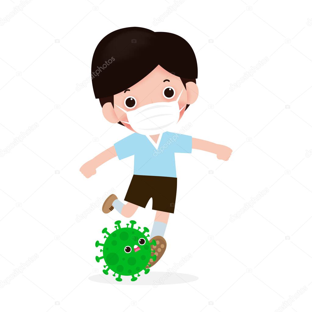 Prevention of Coronavirus disease. people fight with coronavirus (2019-nCoV), character people kick covid-19, Antivirus and Bacteria, Healthy lifestyle concept isolated