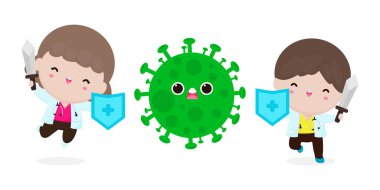 Coronavirus ile doktor kavgası (2019-nCoV), çizgi film karakteri yakışıklı doktor saldırısı COVID-19, Virüs ve bakterilere karşı koruma, beyaz arka planda izole edilmiş sağlıklı yaşam tarzı kavramı