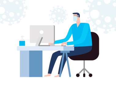 Coronavirus karantina konsepti. Evde çalışan bir adam. Evde kal, erkek otur ve dizüstü bilgisayarla çalış. Bilgisayarlı insanlar. Beyaz arkaplan vektöründe enfeksiyonun yayılmasını önle