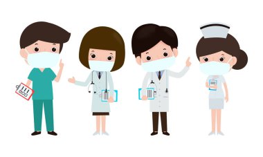 Coronavirus (2019-nCoV) ya da covid-19, maskeli doktorlar. Tıp doktoru ve hemşire, bir grup sıhhiye. Sağlıklı yaşam biçimi kavramı beyaz arkaplanda izole