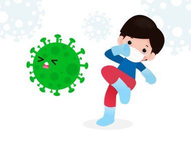 İnsanlar Coronavirus (2019-nCoV), çizgi film karakteri erkek ve kadın COVID-19, çocuklar ve bakterilere karşı koruma, beyaz arka planda izole edilmiş sağlıklı yaşam tarzı kavramı