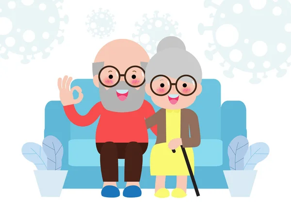 Coronavirus 2019 Ncov Covid Senior Couple Stay Home Awareness Social — Stockvektor