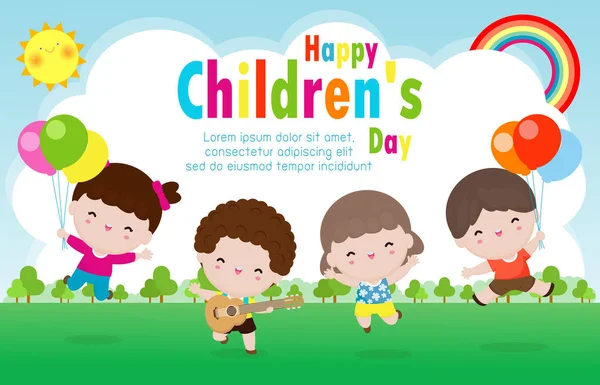Cartel Del Día Los Niños Feliz Con Tarjeta Felicitación Para — Archivo Imágenes Vectoriales