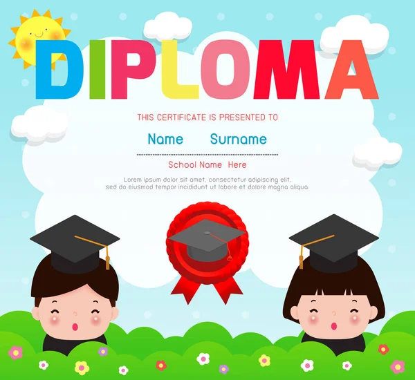 Diploma Crianças Certificados Jardim Infância Elementar Pré Escolar Crianças Diploma — Vetor de Stock