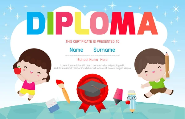 Diploma Crianças Certificados Jardim Infância Elementar Pré Escolar Crianças Diploma —  Vetores de Stock