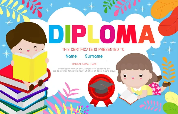 Diploma Niños Certificados Kindergarten Primaria Preescolar Kids Diploma Certificado Plantilla — Vector de stock