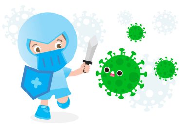 İnsanlar Coronavirus (2019-nCoV), çizgi film karakteri COVID-19, çocuklar ve bakterilere karşı koruma, beyaz arka planda izole edilmiş sağlıklı yaşam tarzı kavramı