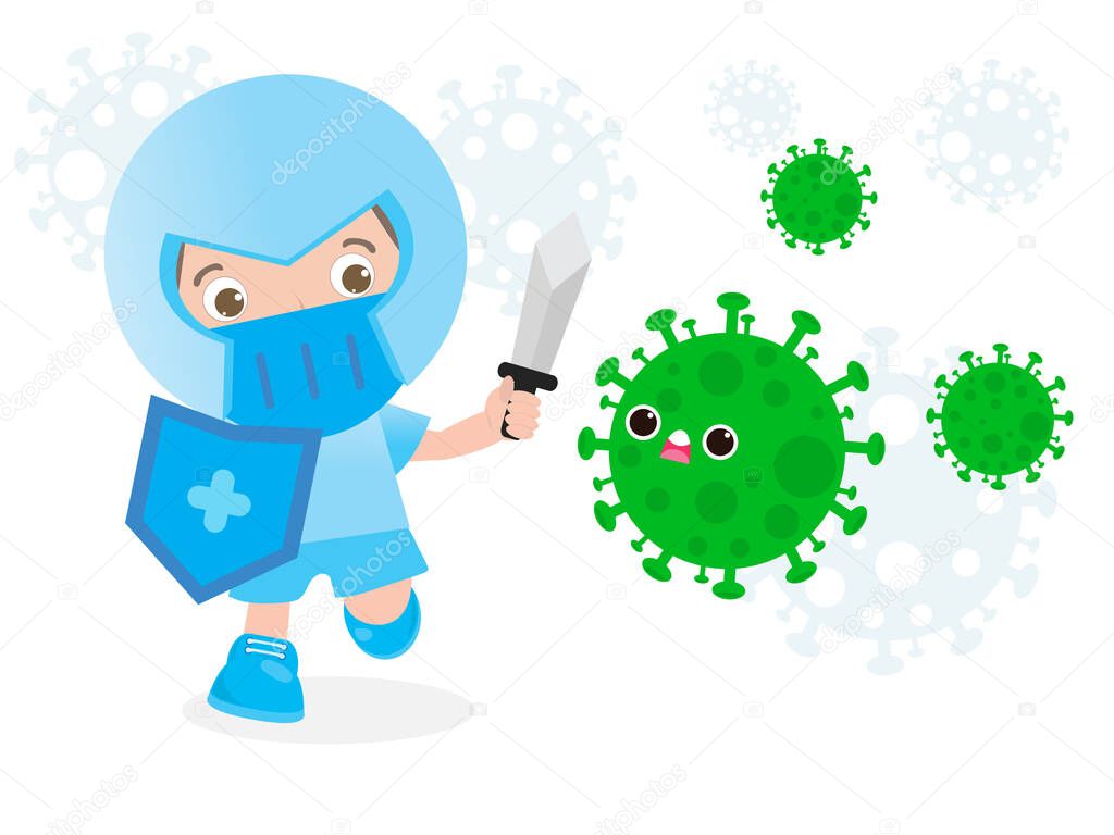people fight with coronavirus (2019-nCoV), cartoon character man attack COVID-19 ,children and Protection Against Viruses and Bacteria, Healthy lifestyle concept isolated on white background