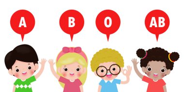 Sevimli çocuklar ve kan grubu, mutlu çocuklu kan grubu beyaz arka plan çizimine izole edilmiş sağlıklı konsept.