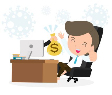 Coronavirus karantina konsepti. Evde çalışan bir adam. Evde kal, erkek otur ve dizüstü bilgisayarla çalış. Bilgisayarlı insanlar. Beyaz arkaplan vektöründe enfeksiyonun yayılmasını önle