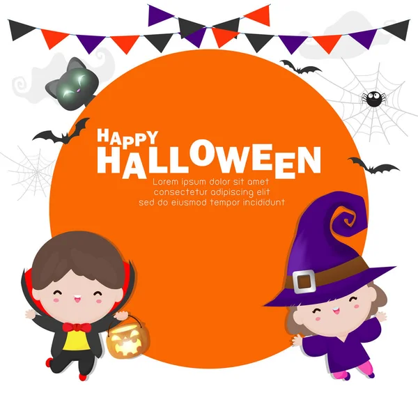 Cartel Halloween Feliz Lindo Pequeño Vampiro Drácula Bruja Sosteniendo Niños — Vector de stock