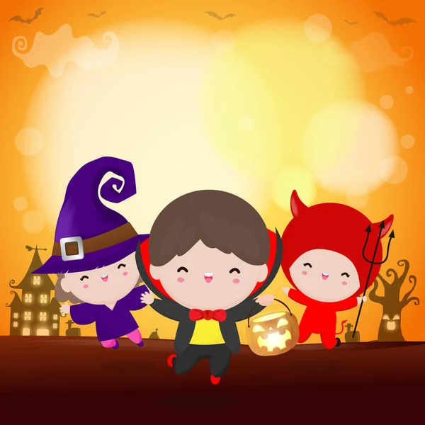 Feliz Disfraz Halloween Party Kids Grupo Niños Cosplay Halloween Plantilla — Vector de stock