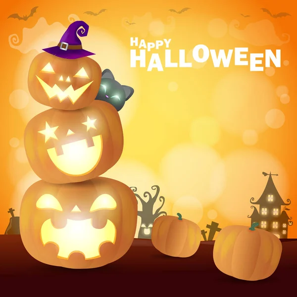 Buon Halloween Poster Party Zucca Patch Chiaro Luna Bokeh Festa — Vettoriale Stock