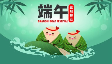 Çin Ejderha Tekne Yarışı Festivali pirinç köftesi, şirin karakter tasarımı Mutlu Ejderha tekne festivali arka plan tebrik kartı çizimi.