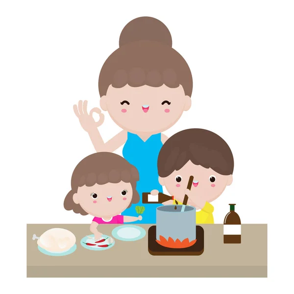 Matka Córka Syn Przygotowuje Zdrowe Jedzenie Domu Razem Mama Dzieci — Wektor stockowy