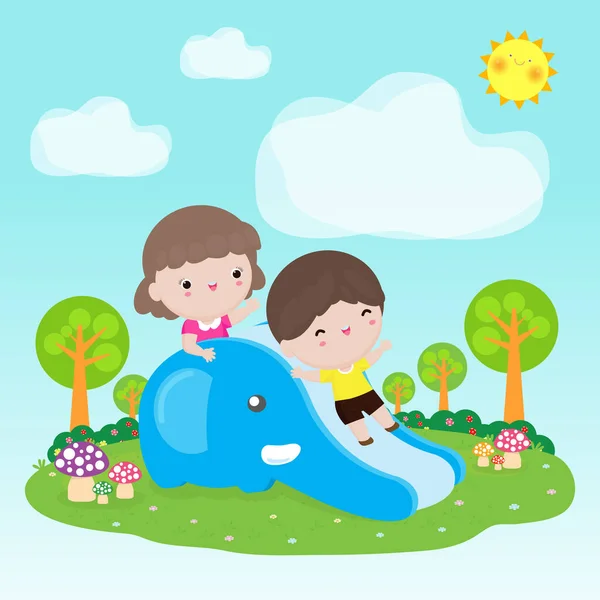 Crianças Bonitos Divertindo Slide Playground Crianças Felizes Brincando Jardim Atividades —  Vetores de Stock