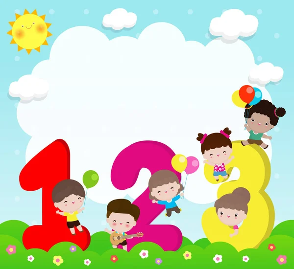 Cartoon Kinderen Met 123 Nummers Kinderen Met Nummers Achtergrond Vector — Stockvector