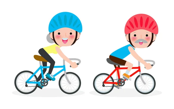 Diversa Pareja Ancianos Montar Bicicleta Feliz Hombre Viejo Mujer Montar — Vector de stock