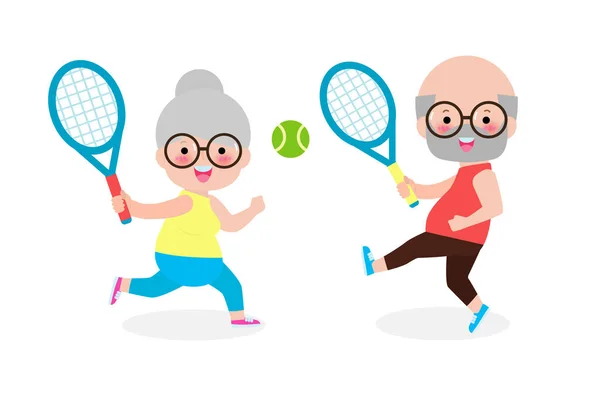 Vector Illustration Happy Χαριτωμένο Ηλικιωμένο Ζευγάρι Που Παίζει Τένις Εξωτερικούς — Διανυσματικό Αρχείο