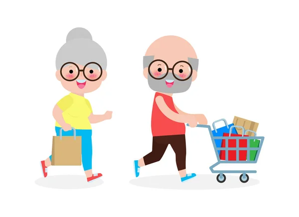 快乐的老夫妇购物 老人和老太太在购物车上购物 可爱的老年人购物概念 大甩卖 购买货物和礼物 背景矢量图解 — 图库矢量图片