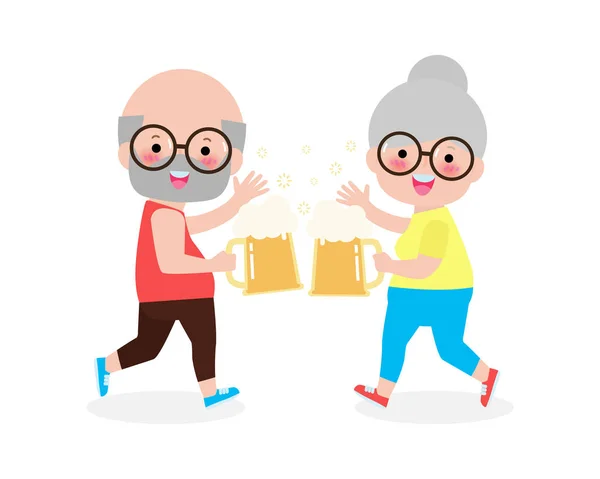 Pareja Ancianos Están Tintineando Taza Cerveza Ancianos Sosteniendo Vasos Cerveza — Archivo Imágenes Vectoriales