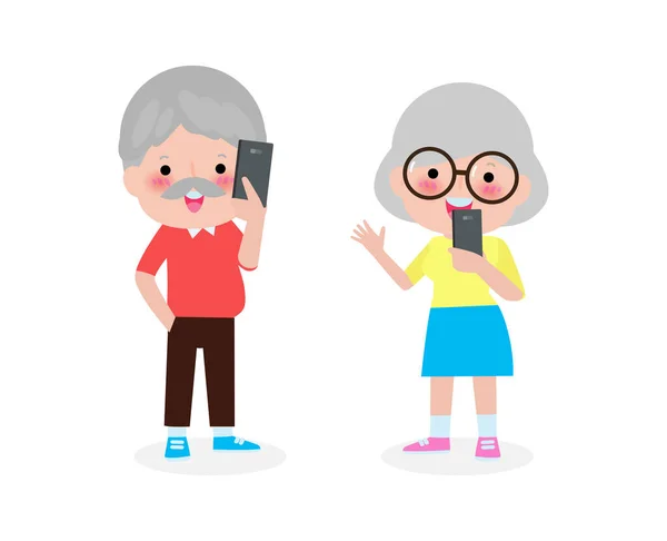 Old People Couple Smartphone Elderly Mobile Senior Gadgets People Smartphone — Stock Vector