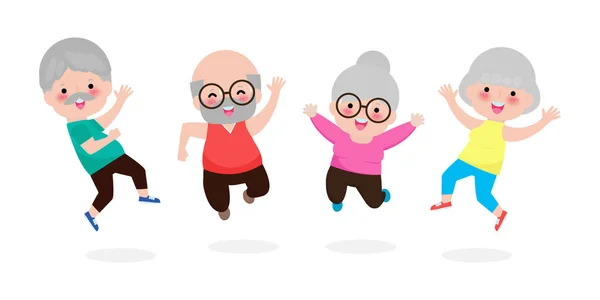 Happy Group Elderly People Jumping Together Old Senior Couple Jumping — Stock Vector